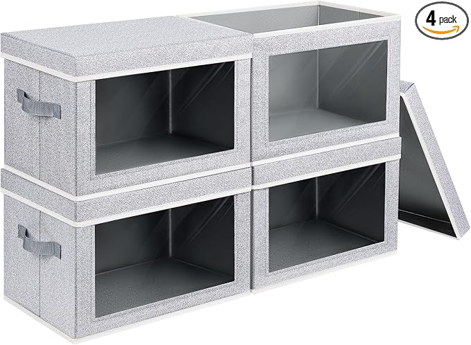 Homsorout Foldable Storage Bin with Lid - Closet Storage Organizer with Window, Storage Bins with Lids for Clothes, Fabric Storage Baskets for Shelves, Bedroom, Dorm, Light Grey, 4 Pack by Homsorout