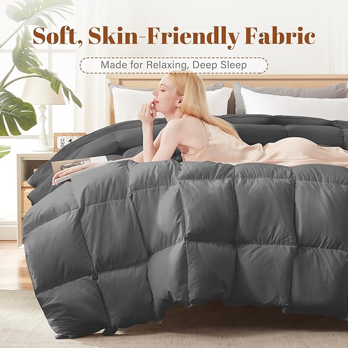 Cosybay Feather Down Fiber Comforter Oversized Queen Size - All Season Grey Duvet Insert - Luxury Medium Warmth 100% Cotton Hotel Bedding Comforter, Fluffy and Cozy -Oversized Queen 98 x 98 Inch