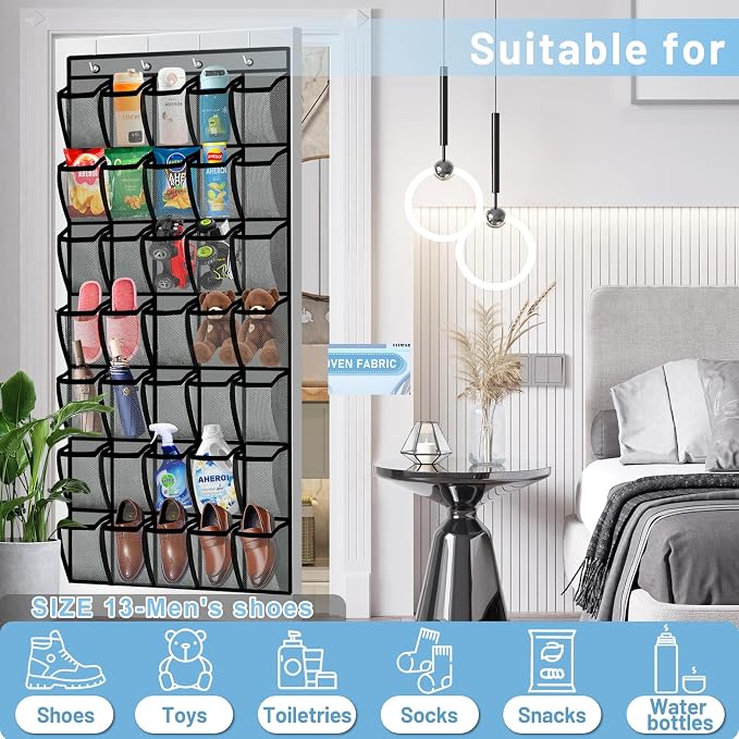 Aheroi Over the Door Shoe Organizer, 35 Pockets Mesh Shoe Organizer Door Hanger, Large Hanging Shoe Rack Holds Up to 40 lbs, Closet Shoe Behind Door Rack, Gray Durable Storage Hanging Bag - Image 5