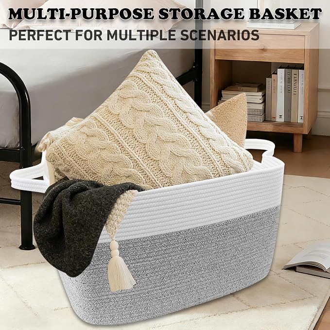 Large Blanket Basket,Woven Rope Basket Storage Bin with Handles,65L Rectangle Laundry Basket for Magazines,Toys,Clothes,Newspaper Shelf Organization,Nursery and Living Room,White&Grey - Image 6