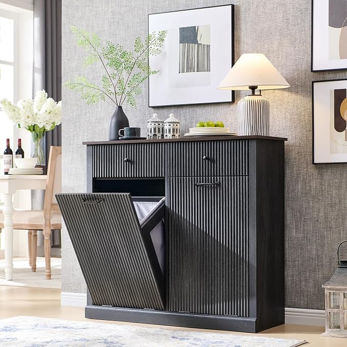 IFBUY Modern Double Tilt-Out Laundry Hamper Cabinet, 20 Gallon Fluted Trash Can Cabinet w/2 Drawers, Wooden Hidden Garbage Can Cabinets w/Laundry Basket, Free Standing for Bathroom and Kitchen, Grey - Image 6
