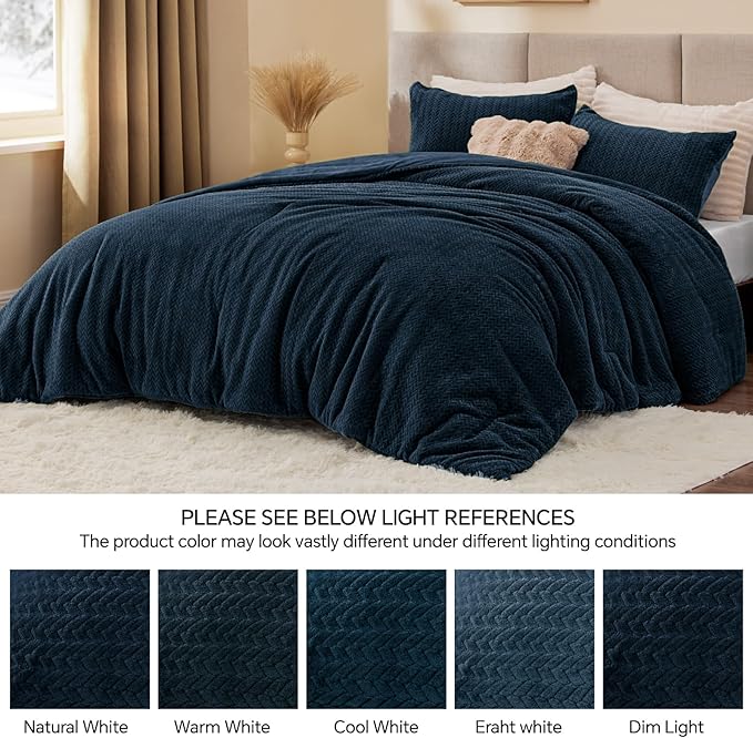 Flannel Fleece Queen Comforter Set - Furry Navy Blue Leaves Pattern Faux Fur Bed Set, Winter Ultra Soft Fuzzy Comfort Set, Velvet Bedding Set for Bed with 2 Pillow Cases
