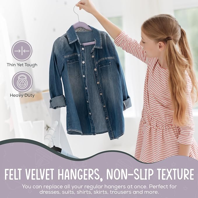 TechZoo 50 Premium Kids Velvet Hangers - 14'' Non-Slip, Ultra-Slim & Space-Saving Hangers - 360° Swivel Hook, Strong & Durable for Children & Preteens - Purple - Image 3