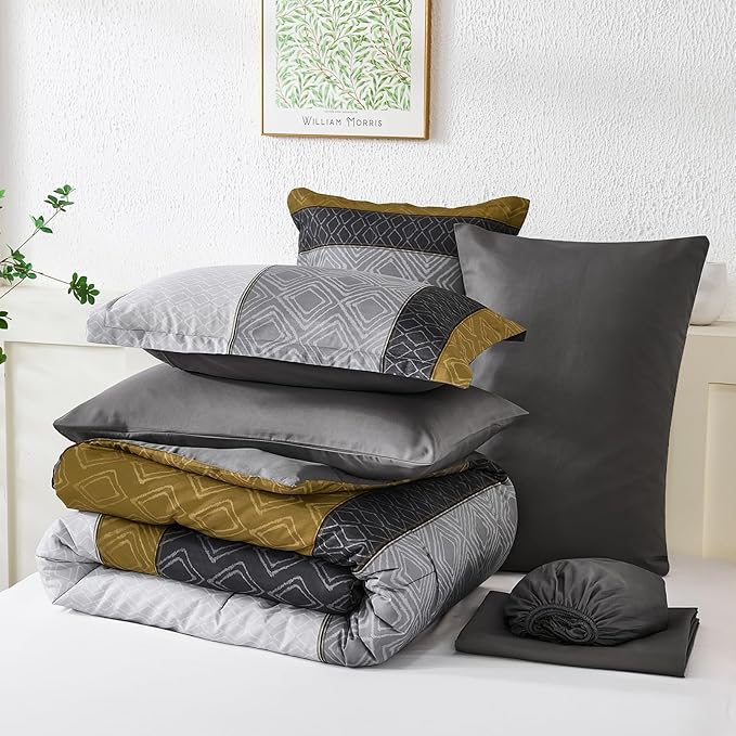 Dinjoy Gray Yellow King Size Comforter Set,Striped Boho Bed in a Bag King 7 Pieces Soft Fall Bedding Comforters Sets wiht Sheets Microfiber Complete Bed Sets for All Season