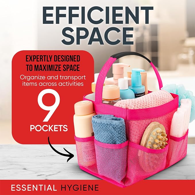 Masirs Shower Caddy Mesh - 9 Pocket Portable Bathroom Organizer Tote for Travel, Gym & Dorm - Collapsible Small Shower Caddy Bag to Hold Toiletries & Essentials (Pink) - Image 5