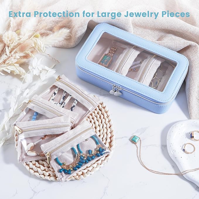 Lolalet 8 in 1 Travel Jewelry Case with Velvet Pouches, Clear Window Travel Jewelry Organizer Bags for Earrings, Bracelets, Necklaces and Rings, Compact Jewelry Storage for Women Girls -Blue, 7PCS - Image 5