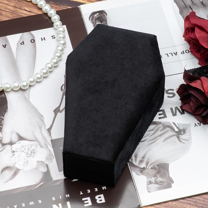 Velvet Coffin Jewelry Travel Case Holder for Gothic Wedding Ceremony Jewelry Organizer Decoration (Black Red 4 Grid) - Image 7