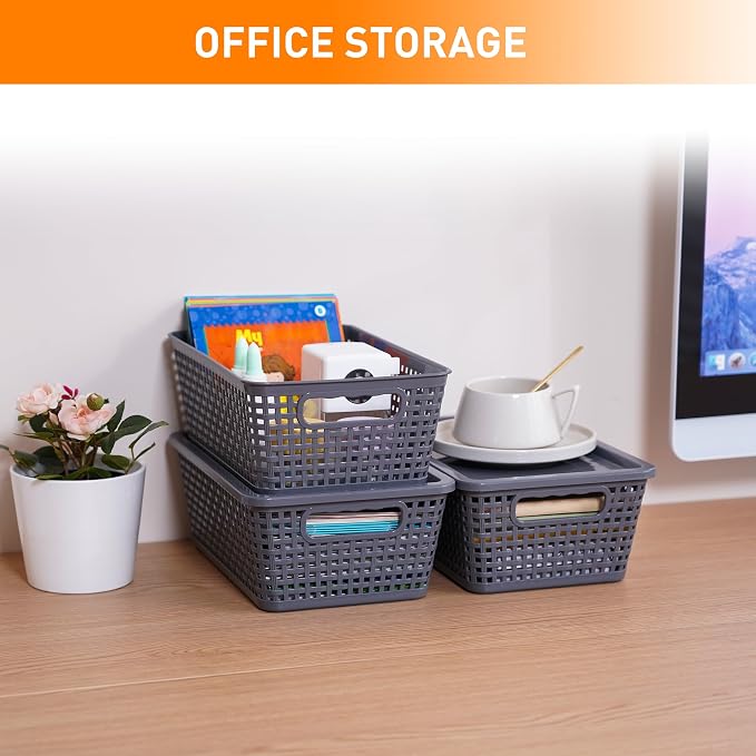 Plastic Storage Baskets With Lid, Storage Bins for Organizing, Stackable Decorative Containers for Shelves Drawers Desktop Closet Playroom Classroom Office,10 Pack-Grey - Image 9