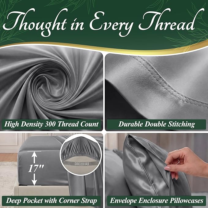DECOLURE 100% Viscose Derived from Bamboo Sheets Full Size - Luxury 6 Pc Naturally Cooling Sheets, Ultra Soft Bed Set - Deep 17" Pockets, Durable Double Stitching, Oeko Tex Standard (Midgrey)