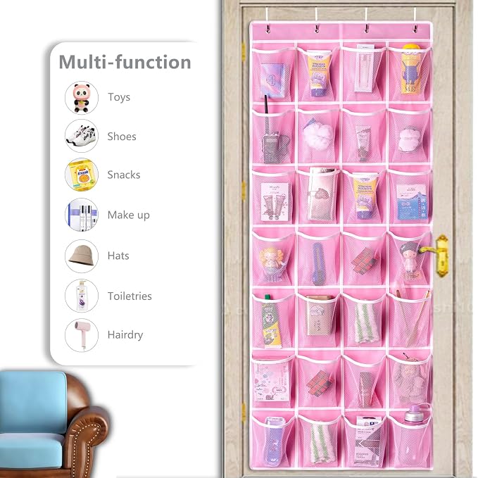 KEEPJOY 28 Pockets Hanging Shoe Organizer, Over the Door Shoe Organizer, Hanging Door Shoe Holder Rack with Mesh Pockets Large Size 65 x 23 Inch (Pink-1Pack) - Image 6
