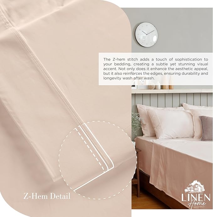 Linen Home 100% Cotton Percale Sheets California King Size, Sand Shell, Deep Pocket, 4 Pieces Set - 1 Flat, 1 Deep Pocket Fitted Sheet and 2 Pillowcases, Crisp Cool and Strong Bed Linen