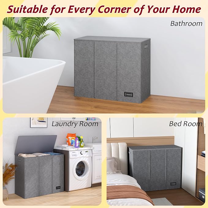 195L Laundry Hamper 3 Section,Large Laundry Hamper with Lid,Dirty Clothes Hamper with 3 Inner Bags,Collapsible Laundry Basket Organizer for Laundry Room,Bedroom,Laundry Sorter Hamper 3 Compartment - Image 7