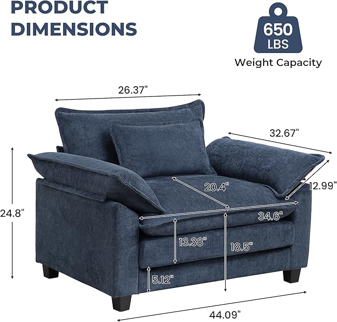 Modern Oversized Accent Chairs Set of 2,Chenille Cloud Sofa Chair with Deep Seat,Upholstered Armchair with Extra Thick,Comfy accent chairs Reading Chairs for Living Room Bedroom Apartment BLUE