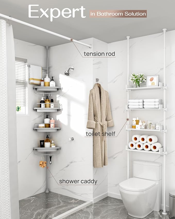 ALLZONE Corner Shower Caddy Tension Pole, Extendable Rustproof Stainless Steel Pole & 4-Tier Adjustable Shelves for Easy Drainage and Built-to-Last Stability, 34 to 116 Inches, Grey - Image 3