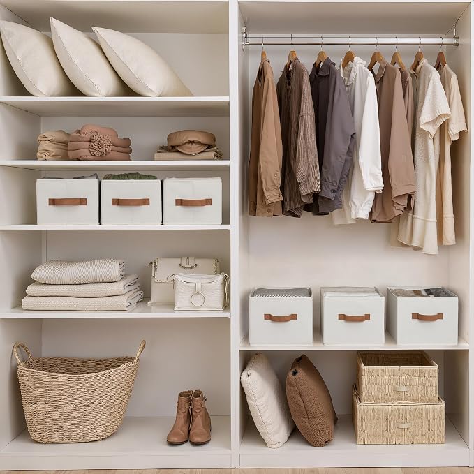 StorageWorks Closet Organizer Storage Baskets, Storage Bins for Shelves, Fabric Organization and Storage, Foldable Closet Organizer for Clothes, Ivory White, 3-Pack, Small - Image 2