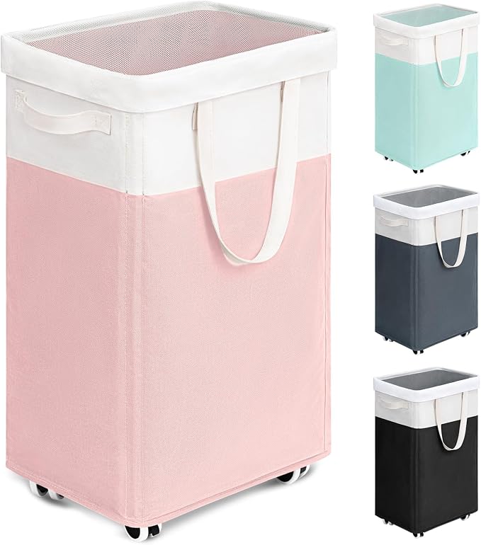 Goodpick Laundry Basket with Wheels, 75L Tall Clothes Hamper, Large Laundry Basket with Removable Wash Bag for Corner Dorm, Rolling Hamper, Pink&White by Goodpick