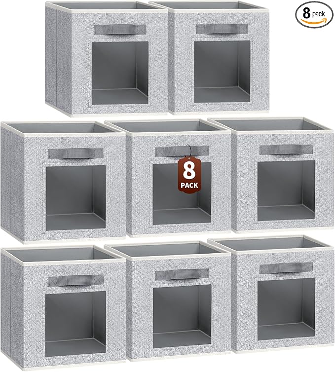 Homsorout Foldable Storage Cubes - Cubby Storage Organizer with Window, Decorative Fabric Bins for Clothes Storage, Closet Organizers for Shelves, 11inch, Set of 8, Light Grey by Homsorout