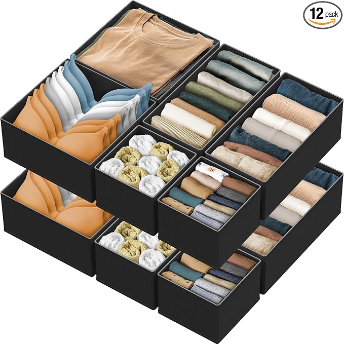 SIMPLE HOUSEWARE Foldable Drawer Organizer for Clothes/Underwear/Panty/Onesie Stocking Bin, Set of 12, Black by SimpleHouseware
