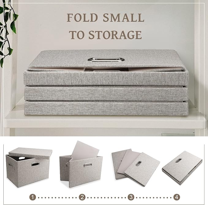 Graciadeco Large 17 36 Quart Collapsible Stackable Storage Bins with Lids, 1 Pack Beige Foldable Fabric Closet Storage Boxes with Lids, 4 Handles Toy Heavyduty Dark Gray Linen Storage Cube Box - Image 4