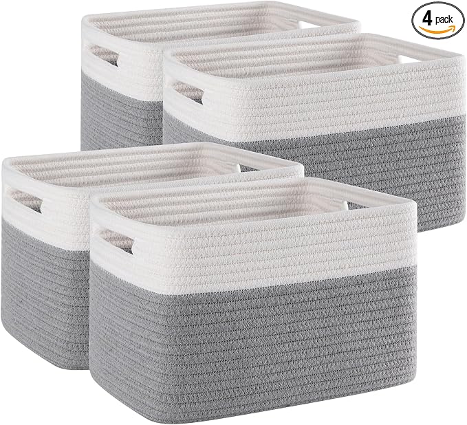 4 Pack Storage Baskets for Organizing, Woven Baskets for Shelves - Perfect for Toys, Books, Towels, and Clothes, Durable Gift Basket Bins Toy Storage, 12.7''L x9''W x7.8''H, Grey and White by SIXDOVE