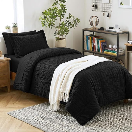CozyLux Twin XL Comforter Set with Sheets Seersucker Black 5 Pieces Bed in a Bag, Twin Extra Long Luxury Soft Bedding Sets for College Dorm with Down Alternative Comforter, Sheets, Pillowcase & Sham