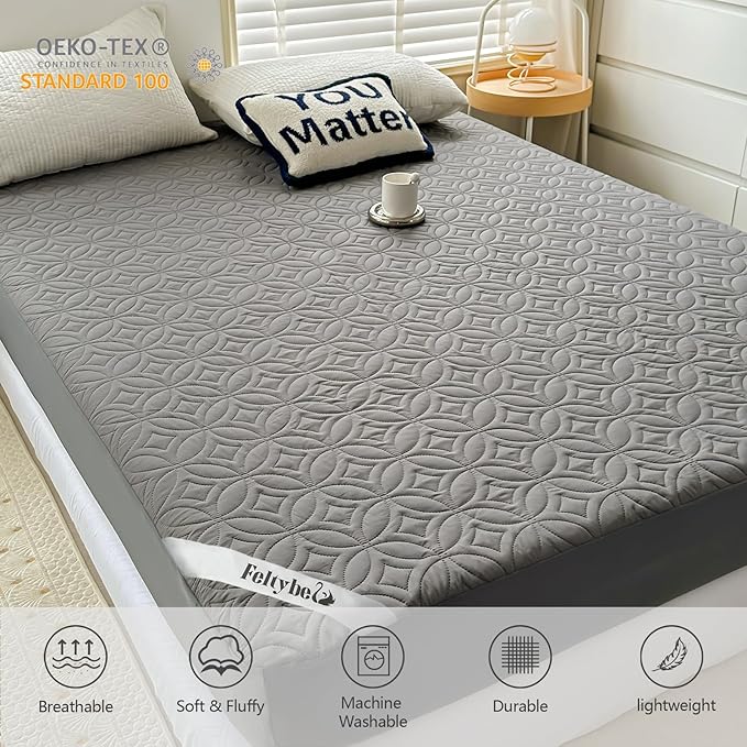 FELTYBED Queen Size 60"x80" Waterproof Mattress Protector, Soft Bed Grey Mattress Cover Queen, Breathable Mattress Pad Cover with Deep Pocket 6"- 15", Noiseless Washable