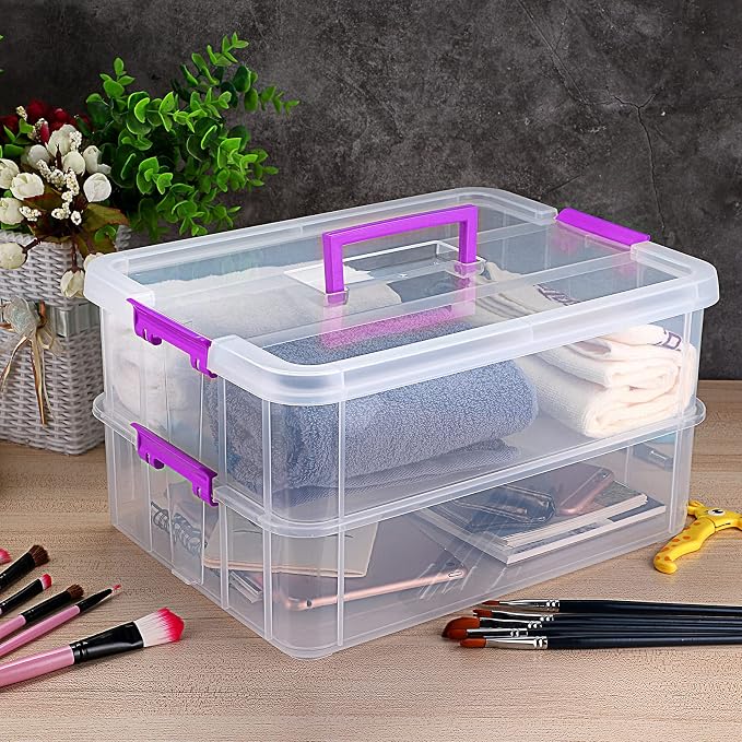 JUXYES 2-Tiers Stack Carry Storage Box With Handle, Transparent Stackable Storage Bin With Handle Lid Latching Storage Container for School & Office Supplies - Image 8