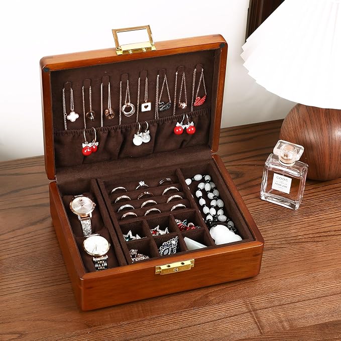 Solid Walnut Wood Jewelry Box with Lock,2 Layer Velvet Lined for Earrings Rings Necklaces Bracelets Watches,Both Style and Security, for Men Women,Vintage Brown - Image 4