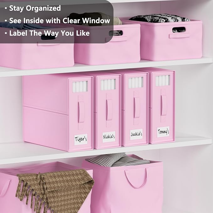 SUOCO SheetCube Bed Sheet Organizers and Storage 4 Pack, Foldable Linen Closet Organizer with Window and Label, Bedding Folder Storage Box Container for Blanket, Duvet Cover Set, Bed Sheet Set - Pink - Image 2