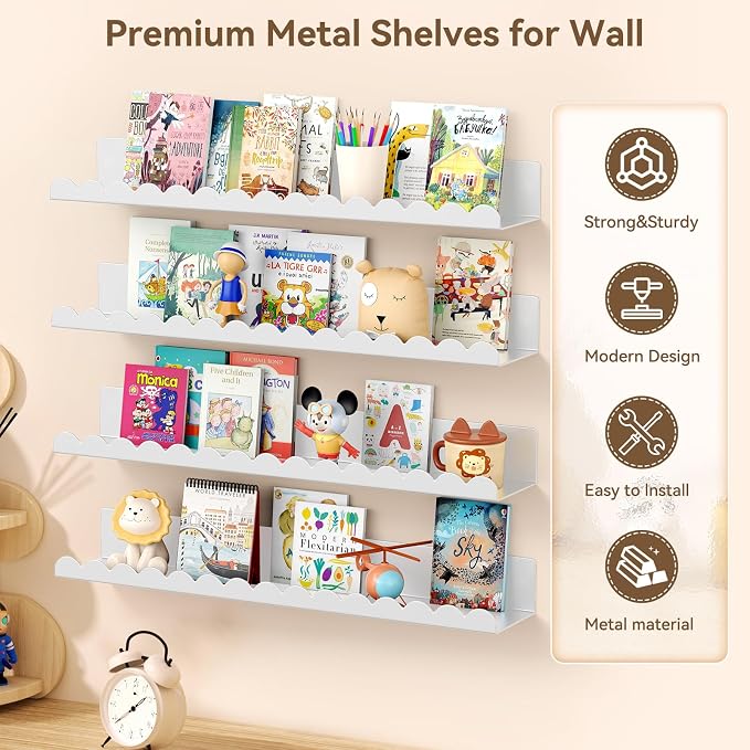 Floating Shelves for Wall, 23 Inch Metal Nursery Book Shelves 4 Pack, Wall Mounted Book Shelf for Kids Room, Bedroom, Bathroom, Playroom Decor （White） - Image 3