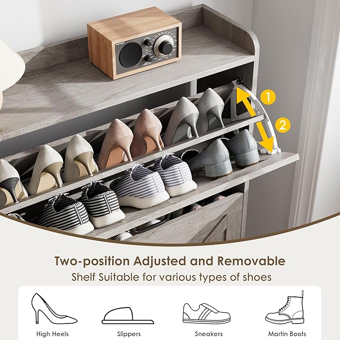 Nicetree Shoe Storage Cabinet with 2 Flip Drawers, Freestanding Shoe Organizer, Shoe Cabinet with Metal Legs, Narrow Shoe Rack Cabinet, Farmhouse Slim Shoe Cabinet for Entryway, Hallway, Rustic Gray - Image 7