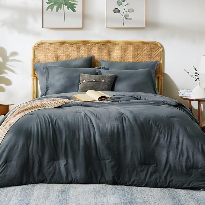 WRENSONGE Full Size Comforter Set- 7 Pieces Blue Grey Bed in a Bag Full Size Comforter with Fitted Sheet, Flat Sheet, 2 Pillow Shams, 2 Pillowcases, Warm Bedding Sets for All Season