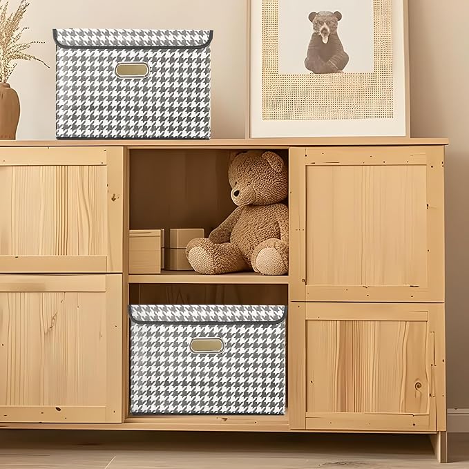 STOREONE Fabric Storage Cube Bins Foldable Organizer Container Collapsible Basket with Lids and Metal Handles, for Home, Bedroom, Closet 6 Pcs (Houndstooth) - Image 5