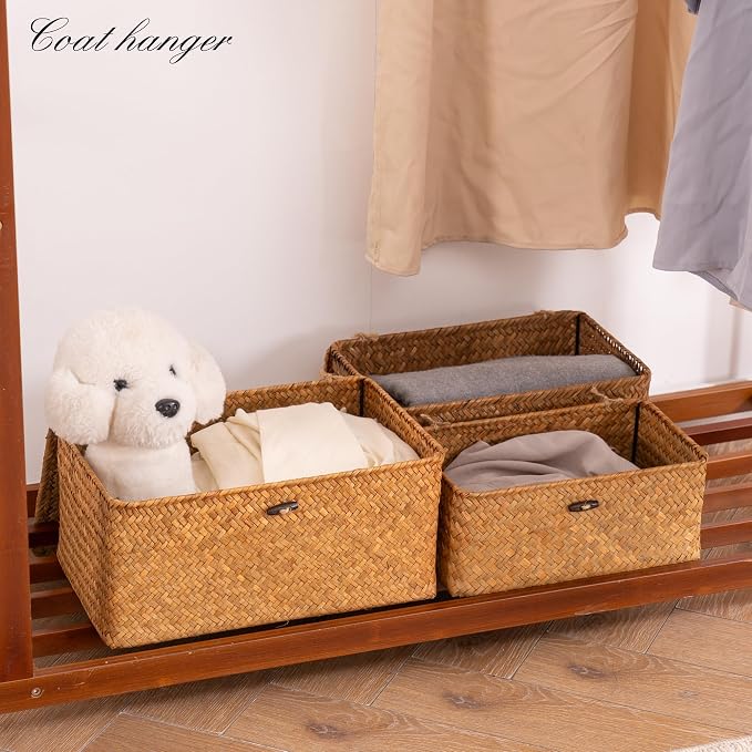 Nonam Storage Basket with Lid, Natural Seagrass Bin with Lid Set of 3, Shelf Baskets Multipurpose Container for Boho Decoration, Rectangular Household Storage Boxes for Home Organization-Natural - Image 7