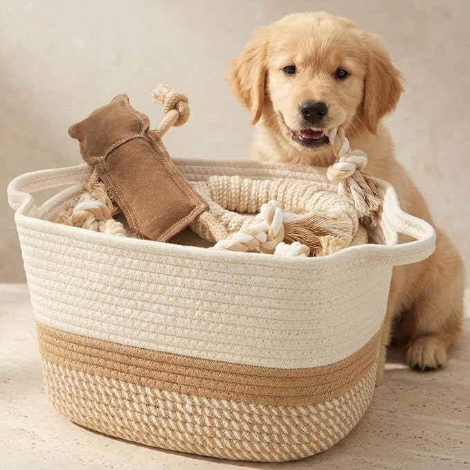 Stylish Cotton Rope Storage Basket For Dog Toys, Magazines or Books - The Perfect Woven Bin with Handles For Everyday Organization Reduces Clutter in Your Rooms - A Decorative Gift & Storage Box by ZICOTO