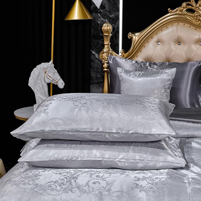 Jacquard Queen Comforter Set with Sheet Set Grey Bedding Set 8 Pcs Embroidery Neoclassical Floral Pattern Bed Home Decor Soft Down Comforter Luxury Hotel Silky Bed in a Bag with 1 Cushion Cover