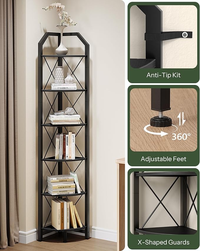 CHOEZON 6-Tier Corner Shelf, Industrial Corner Bookshelf, 71.2" Display Storage Stand, Plant Stand Display Shelf, Tall Bookcase for Bedroom, Living Room, Home Office, Black TCJ11BB - Image 6