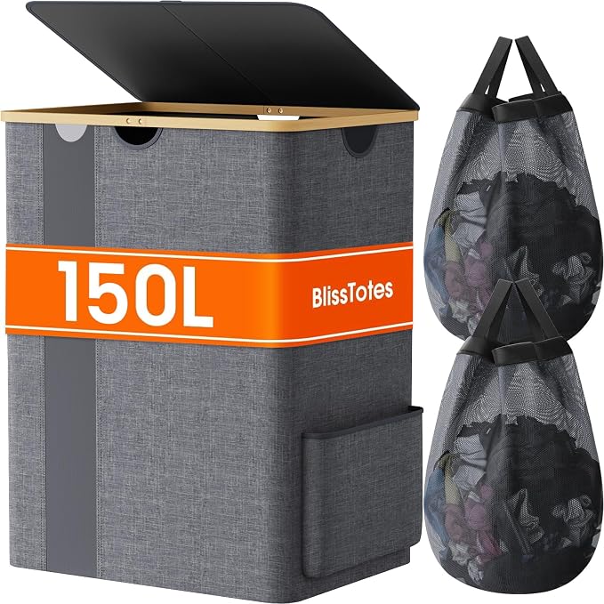 BlissTotes Laundry Basket with Lid, 150L Clothes Laundry Hamper with Handles and 2 Removable Laundry Bag, Breathable Design Hamper with Lid for Bedroom, Bathroom, Dorm, Laundry Room - Light Grey by BlissTotes