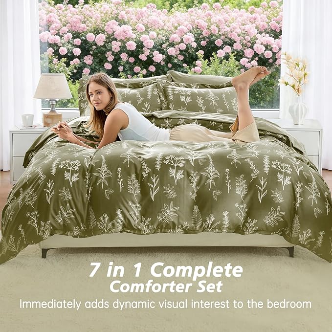 MUXHOMO Olive Green Bed in a Bag Queen 7 Pieces, Queen Comforter Set Reversible Botanical Flowers Design, Ultra Soft & Breathable Bedding Sets with Comforter, Sheets, Pillowcases & Shams