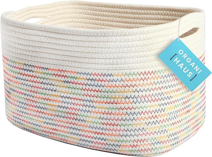 OrganiHaus Rainbow Basket - Colorful Woven Storage Basket for Playroom, Nursery & Classroom Decor & Toy Storage, Rainbow Stitches 15x9x10 by OrganiHaus