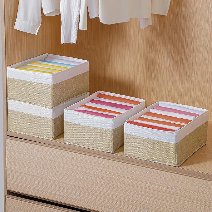 4 Packs T-shirt Drawer Organizers for Clothing,8 Grids Compartment Wardrobe Storage Box, Washable Clothes Organizer for Folded Clothes, Legging, Silk Scarve-12.59''x9.05''x5.9-BeigeWhite - Image 7