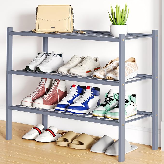 Smiry Shoe Rack, 3 Tier Bamboo Shoe Organizer, Stackable Free Standing Wooden Shoe Storage Shelf for Closet, Entryway, Front Door Entrance, Grey by Smiry