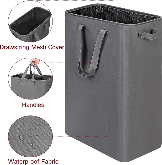 efluky Slim Laundry Basket, Narrow Laundry Hamper with Handles, Collapsible Dirty Clothes Hamper, Tall Laundry Bin for Laundry Room, Dorm and Bedroom, 19.8 Gallon (75L) Grey - Image 3