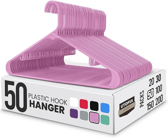 Utopia Home Plastic Hangers 50 Pack - Space Saving Clothes Hanger - Durable & Strong Closet Organizers and Storage with Built-in Strap Hooks - Essential for Shirts, Pants, Skirts & Coats (Pink) by UTOPIAHOME