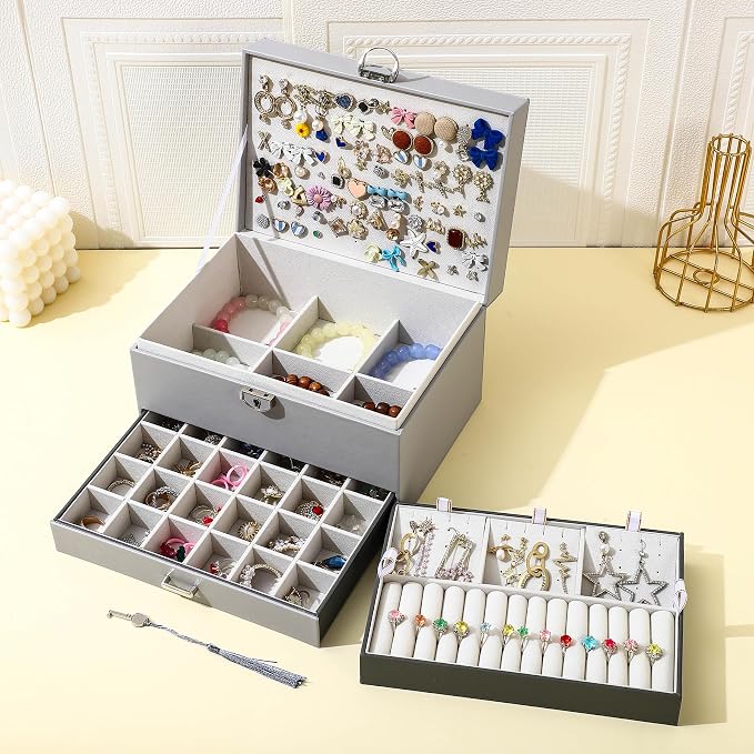 BOOVO Earring Jewelry Box For Women Girl Stud Organizer, 5 Layers Girl Jewelry Organizer Box With Lock Earring Holder Organizer Necklace Ring Jewelry Organizer Box For Girls (grey) - Image 5