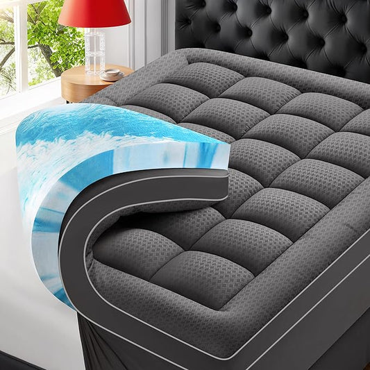 Premium Dual Layer 4 Inch Memory Foam Mattress Topper, 2 Inch Gel Memory Foam and 2 Inch Pillow Top Mattress Pad Cover for Back Pain, Extra Thick Comfort Support（Full 54"x75"） Grey