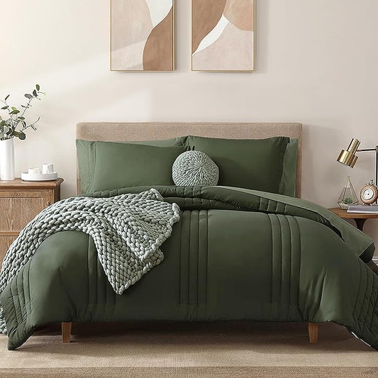 Monbix California King Size Comforter Set - 7 Pieces Bed in a Bag California King, Olive Green Bedding Sets, All Seasons Comforter Bed Set with Sheets, Pillowcases & Shams