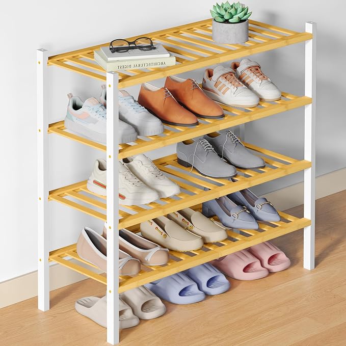 Smiry Bamboo Shoe Rack for Closet, 4 Tier Wooden Stackable Shoe Organizer, Free Standing Shoes Storage Shelf for Entryway, Front Door Entrance, Natural & White by Smiry