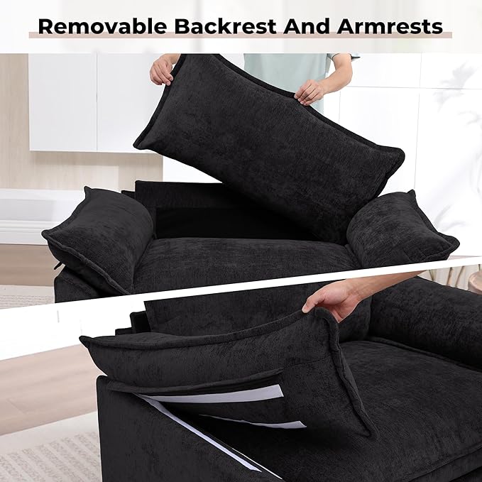 Modern Oversized Accent Chairs Set of 2,Chenille Cloud Sofa Chair with Deep Seat,Upholstered Armchair with Extra Thick,Comfy Reading Chairs for Living Room Bedroom Apartment Black