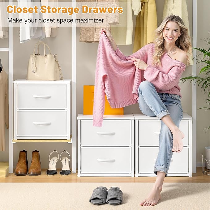 DAOUTIME Stackable Storage Drawers, White Closet Organizer with Wooden Top & Metal Frame, Closet Storage Drawers for Clothes, Freestanding or Stackable Dresser for Bedroom, Living Room, Under Bed - Image 5
